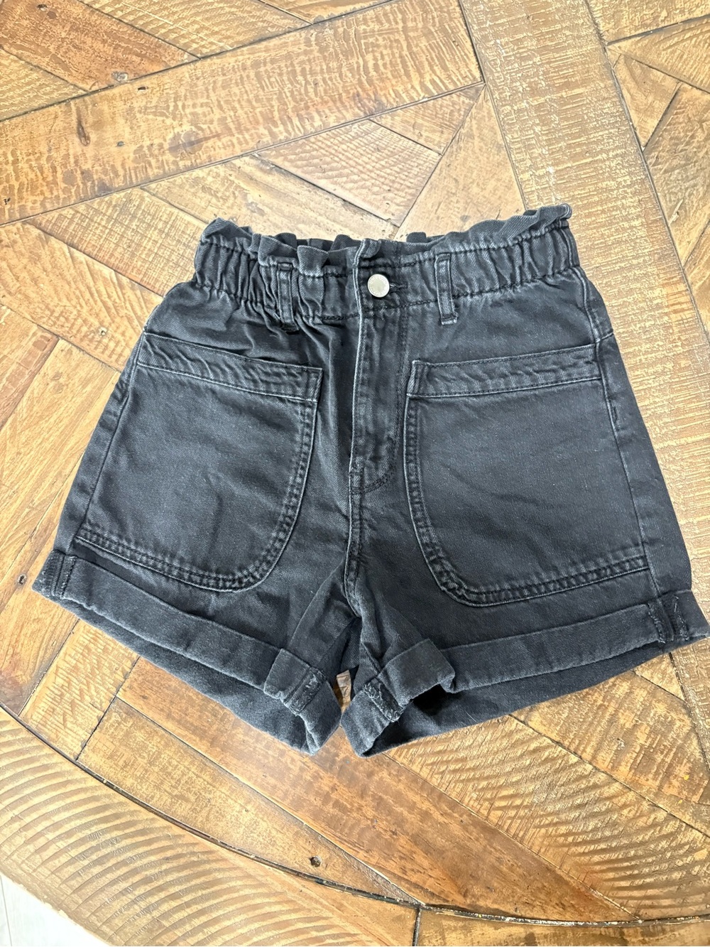 Zara Girls 11/12 Black 100% Cotton Denim Paperbag High Waist Shorts